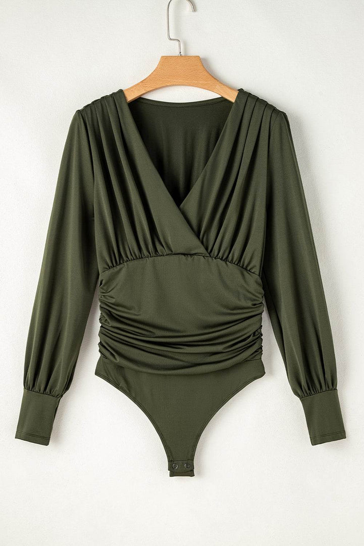 Moss Green Ruched Wrap V Neck Long Sleeve Bodysuit - Fashion Queen -  6