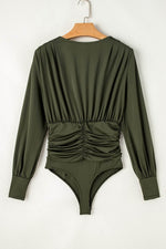 Load image into Gallery viewer, Moss Green Ruched Wrap V Neck Long Sleeve Bodysuit - Fashion Queen -  7
