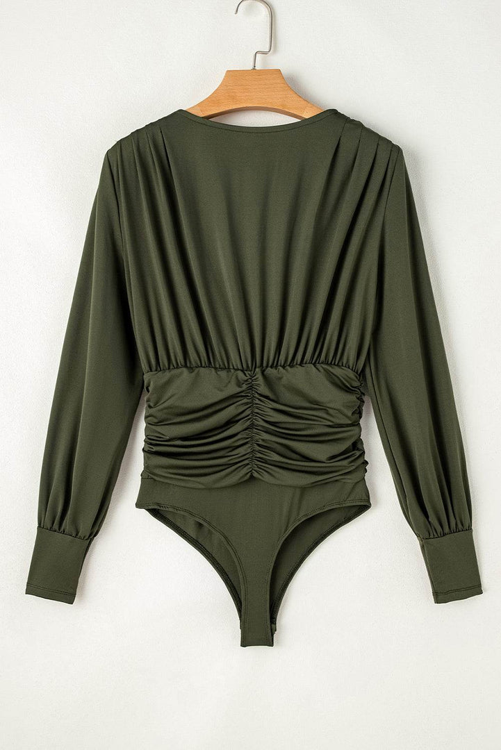 Moss Green Ruched Wrap V Neck Long Sleeve Bodysuit - Fashion Queen -  7