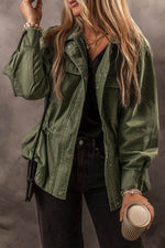 Load image into Gallery viewer, Moss Green Snap Button Zipper Tight Waist Collared Jacket - Fashion Queen -  1

