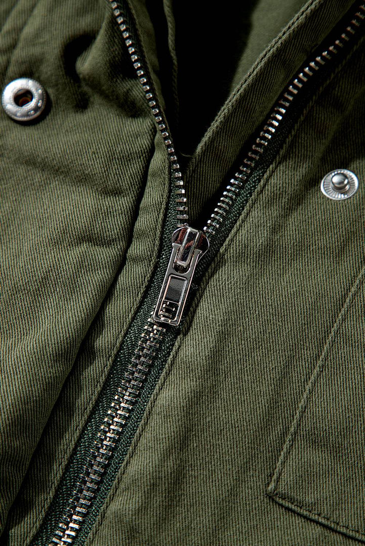 Moss Green Snap Button Zipper Tight Waist Collared Jacket - Fashion Queen -  13
