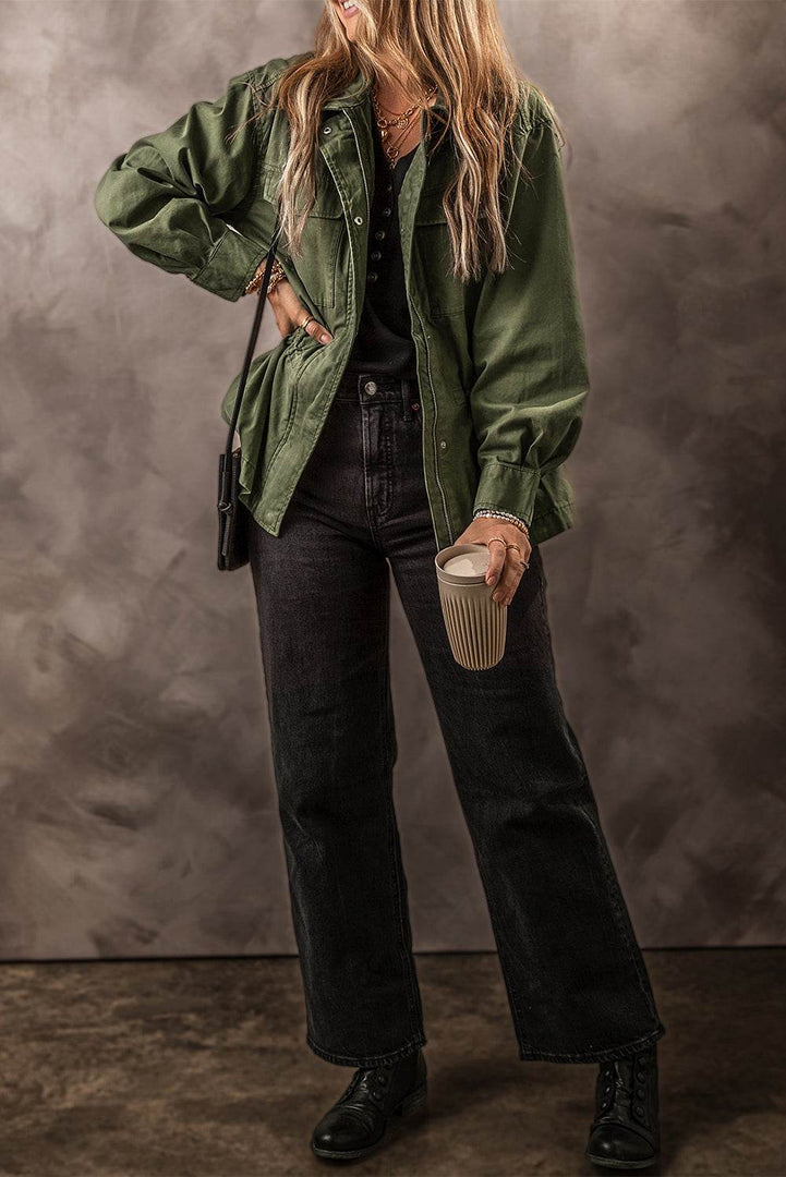 Moss Green Snap Button Zipper Tight Waist Collared Jacket - Fashion Queen -  4