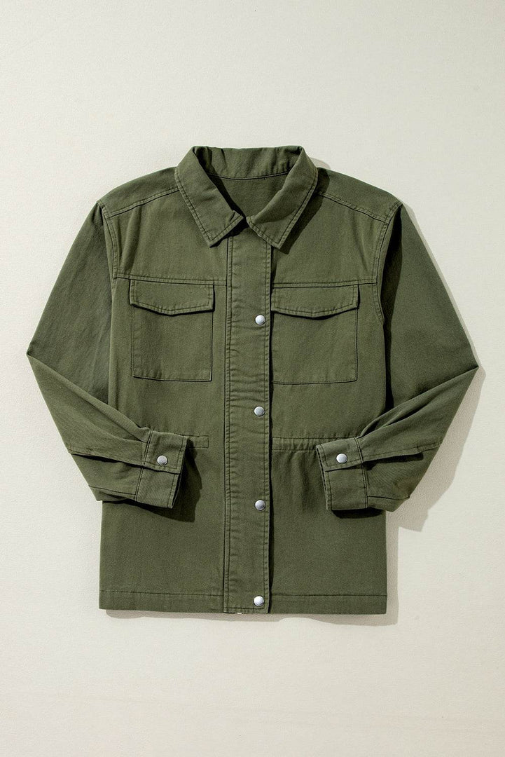 Moss Green Snap Button Zipper Tight Waist Collared Jacket - Fashion Queen -  5