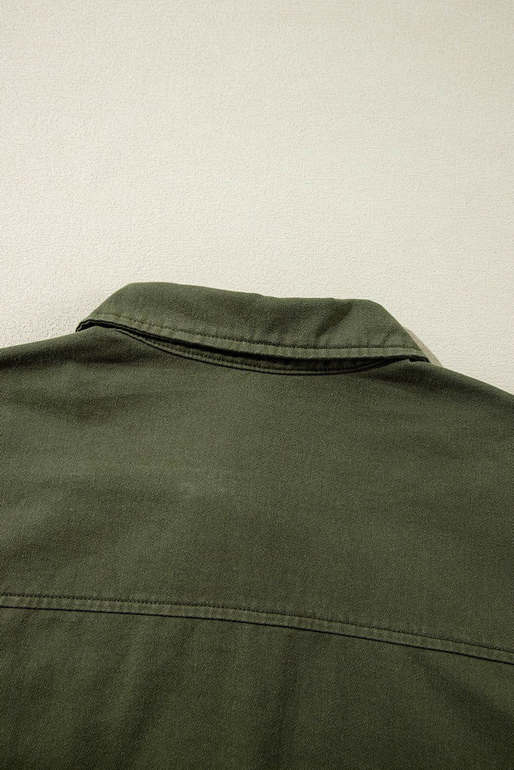 Moss Green Snap Button Zipper Tight Waist Collared Jacket - Fashion Queen -  6