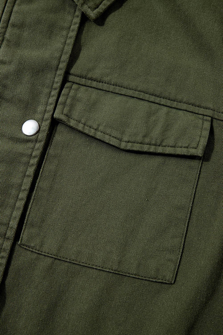 Moss Green Snap Button Zipper Tight Waist Collared Jacket - Fashion Queen -  7