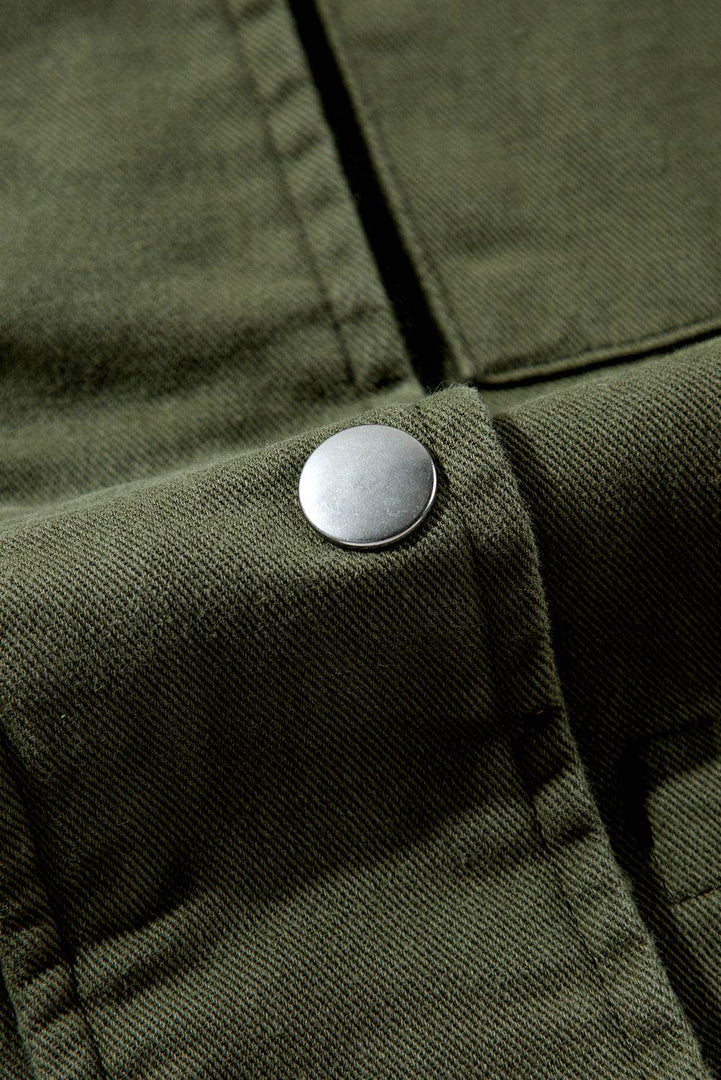 Moss Green Snap Button Zipper Tight Waist Collared Jacket - Fashion Queen -  8