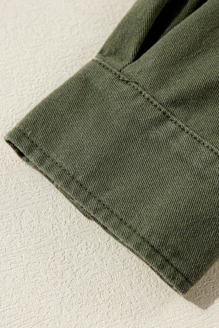 Moss Green Snap Button Zipper Tight Waist Collared Jacket - Fashion Queen -  9