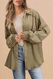 Moss Green Waffle Knit Patchwork Buttoned Oversized Shacket - Fashion Queen -  1