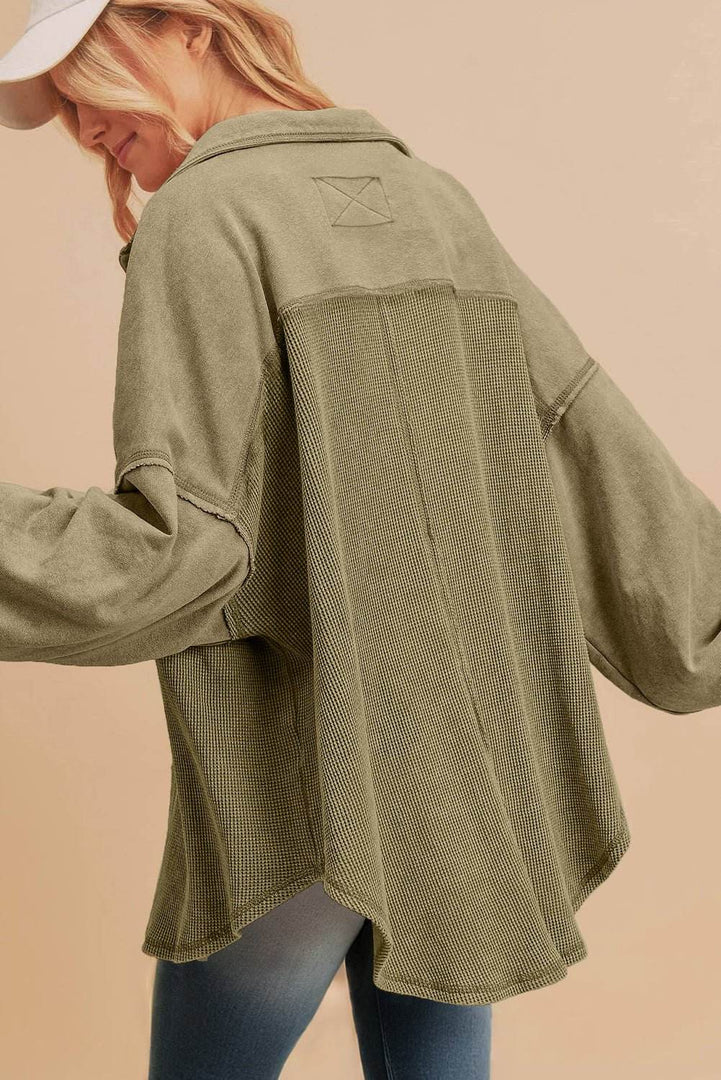 Moss Green Waffle Knit Patchwork Buttoned Oversized Shacket - Fashion Queen -  2