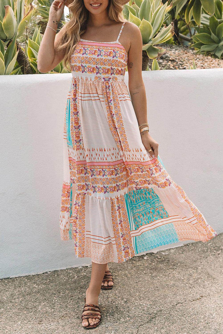 Multicolor Boho Patchwork Print Square Neck Sundress - Fashion Queen -  13