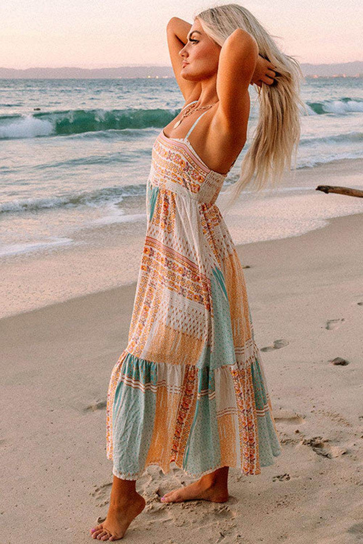 Multicolor Boho Patchwork Print Square Neck Sundress - Fashion Queen -  2