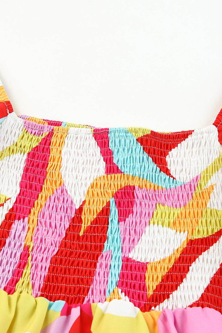 Multicolor Geometric Print Smocked Babydoll Mini Dress - Fashion Queen -  11