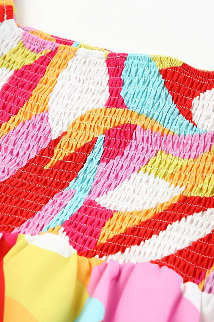 Multicolor Geometric Print Smocked Babydoll Mini Dress - Fashion Queen -  12