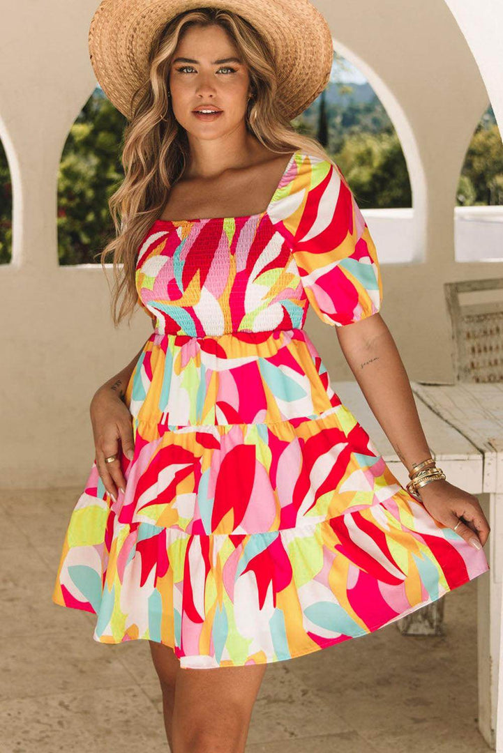 Multicolor Geometric Print Smocked Babydoll Mini Dress - Fashion Queen -  4