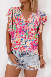 Multicolour Floral Ruffled Sleeve V Neck Summer Blouse - Fashion Queen -  1
