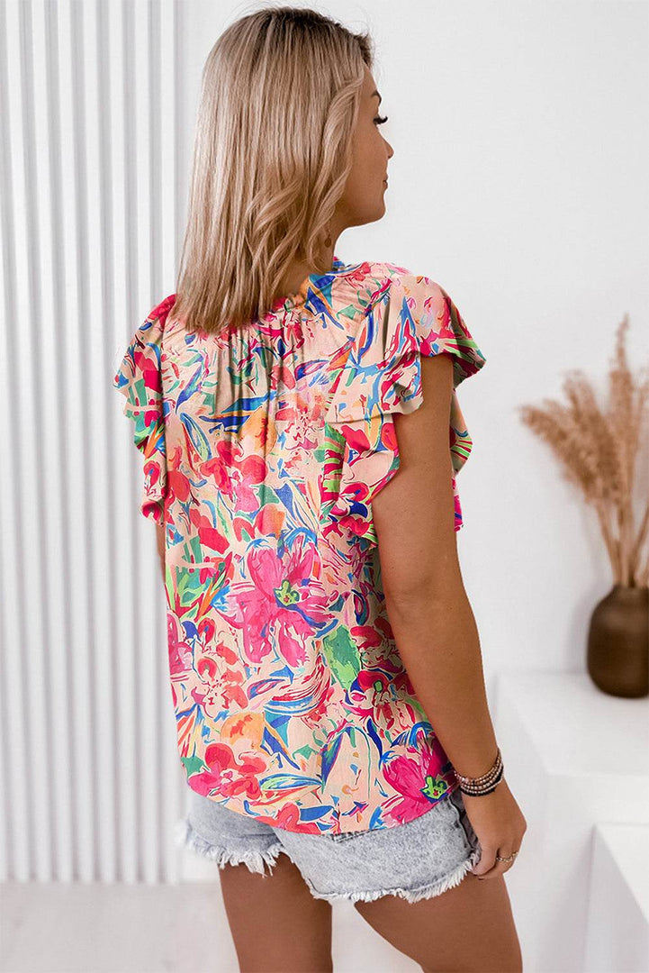 Multicolour Floral Ruffled Sleeve V Neck Summer Blouse - Fashion Queen -  2