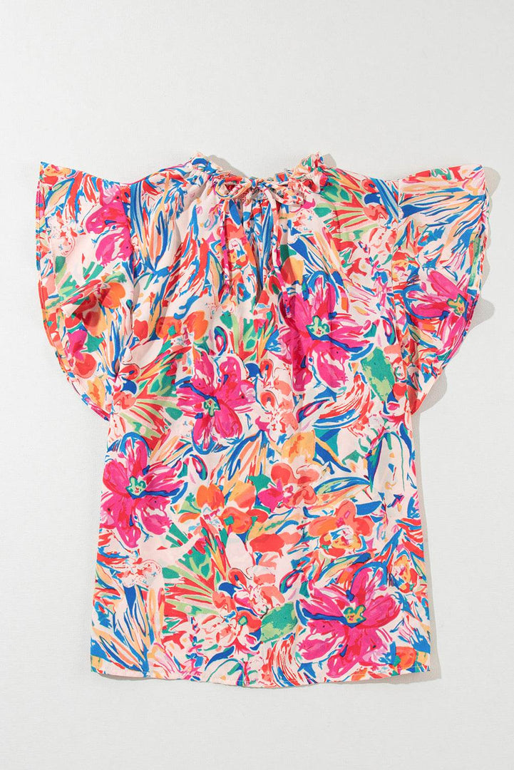 Multicolour Floral Ruffled Sleeve V Neck Summer Blouse - Fashion Queen -  4