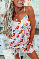 Load image into Gallery viewer, Multicolour Floral V Neck Cami Top and Ruffled Shorts Lounge Set - Fashion Queen -  1
