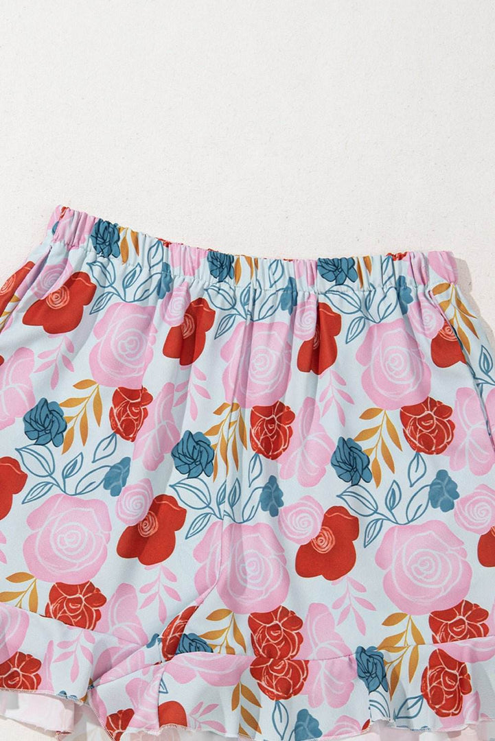 Multicolour Floral V Neck Cami Top and Ruffled Shorts Lounge Set - Fashion Queen -  10