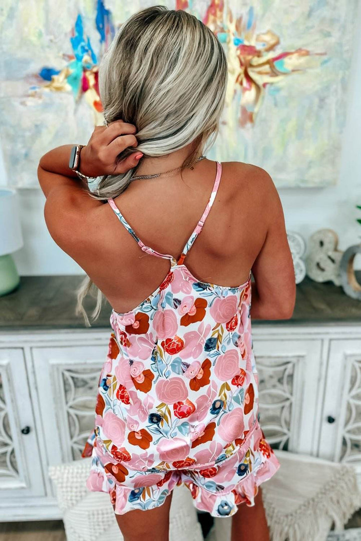 Multicolour Floral V Neck Cami Top and Ruffled Shorts Lounge Set - Fashion Queen -  2