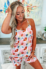 Load image into Gallery viewer, Multicolour Floral V Neck Cami Top and Ruffled Shorts Lounge Set - Fashion Queen -  3
