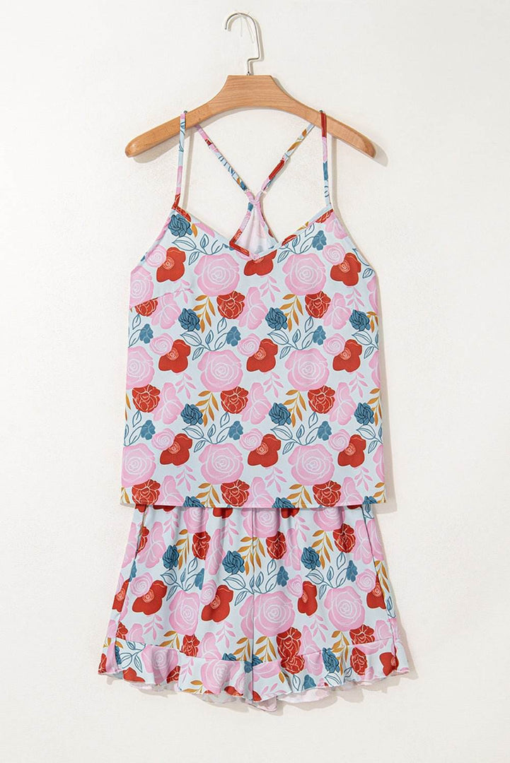 Multicolour Floral V Neck Cami Top and Ruffled Shorts Lounge Set - Fashion Queen -  5