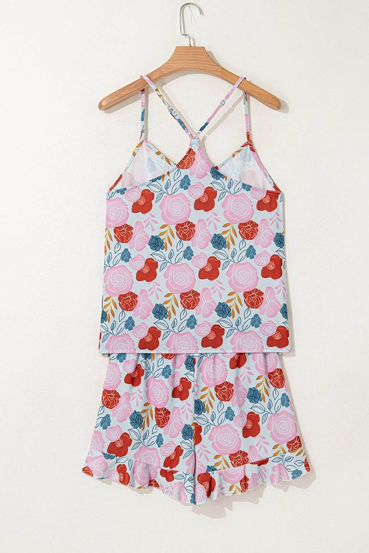 Multicolour Floral V Neck Cami Top and Ruffled Shorts Lounge Set - Fashion Queen -  6