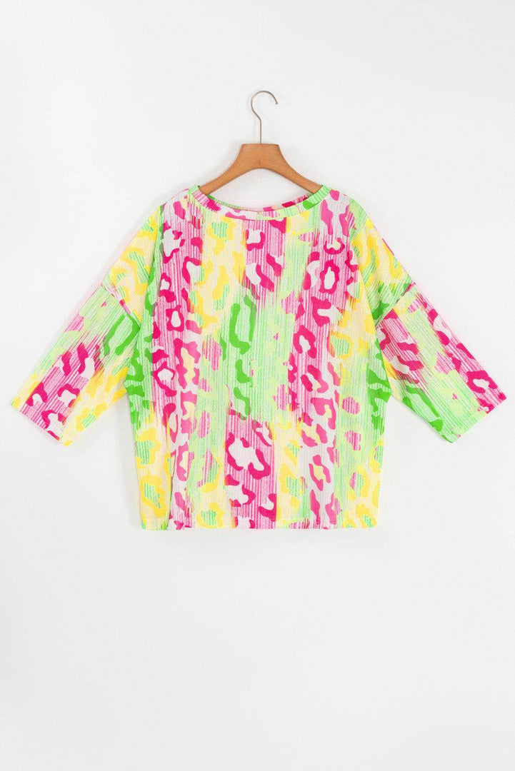 Multicolour Leopard Color Block Knitted Crewneck Plus Size T Shirt - Fashion Queen -  13