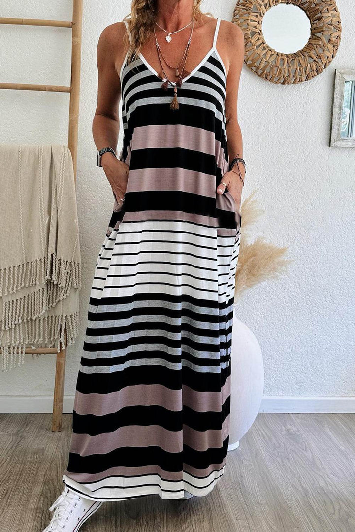 Multicolour Mixed Stripes Spaghetti Straps V Neck Maxi Dress - Fashion Queen -  1