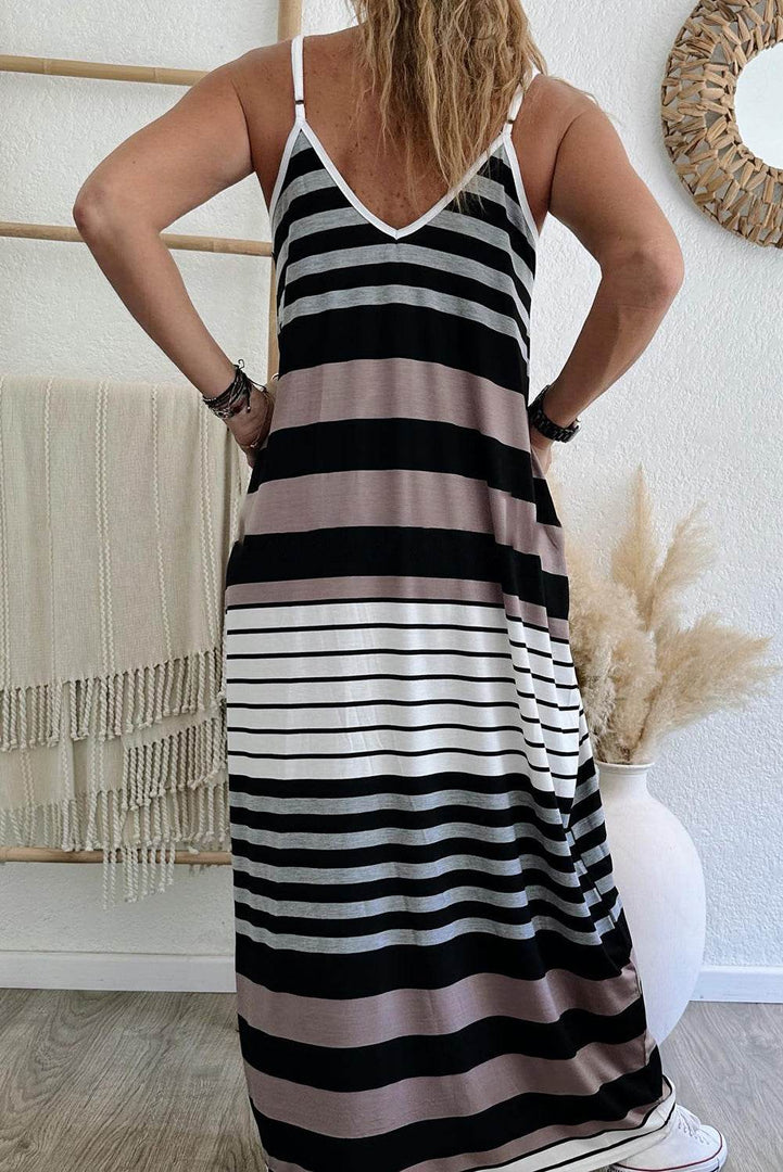 Multicolour Mixed Stripes Spaghetti Straps V Neck Maxi Dress - Fashion Queen -  2