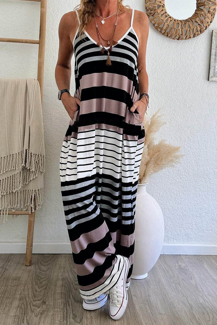 Multicolour Mixed Stripes Spaghetti Straps V Neck Maxi Dress - Fashion Queen -  3