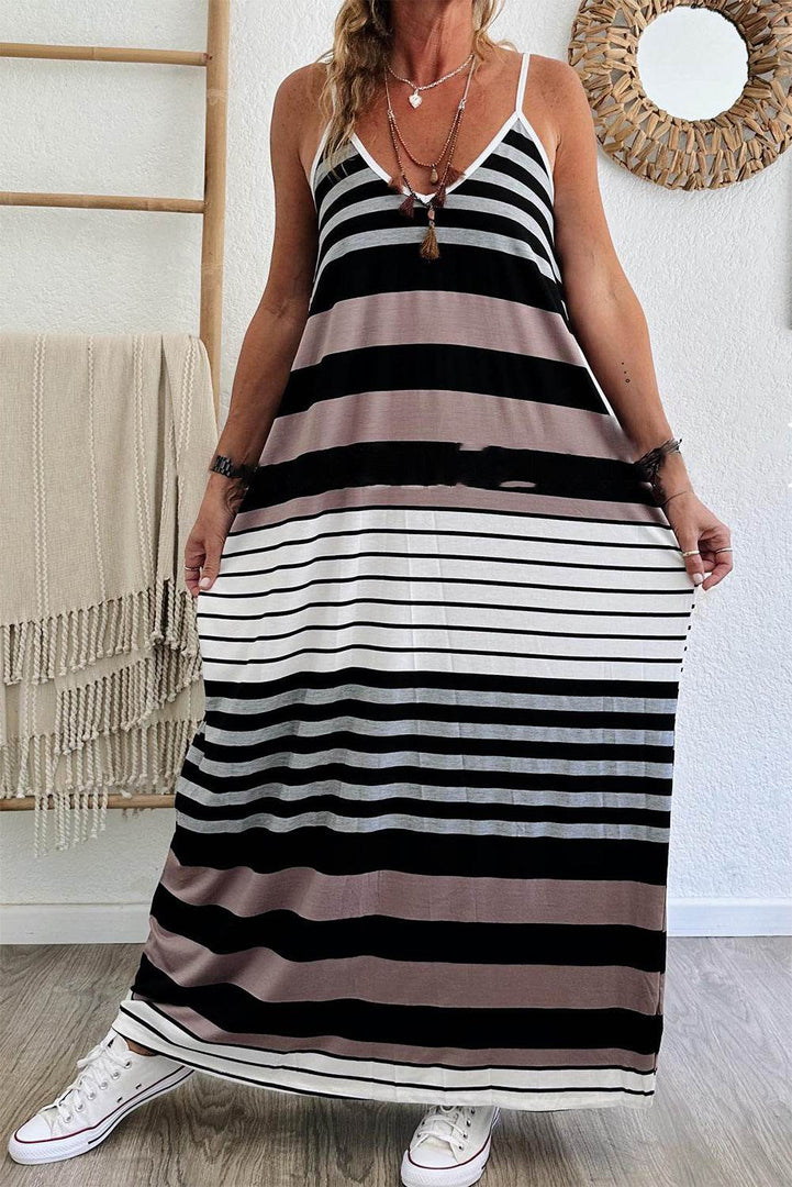 Multicolour Mixed Stripes Spaghetti Straps V Neck Maxi Dress - Fashion Queen -  4