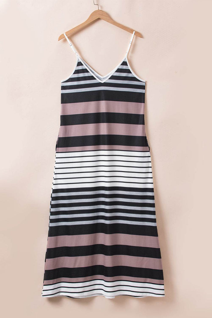 Multicolour Mixed Stripes Spaghetti Straps V Neck Maxi Dress - Fashion Queen -  7