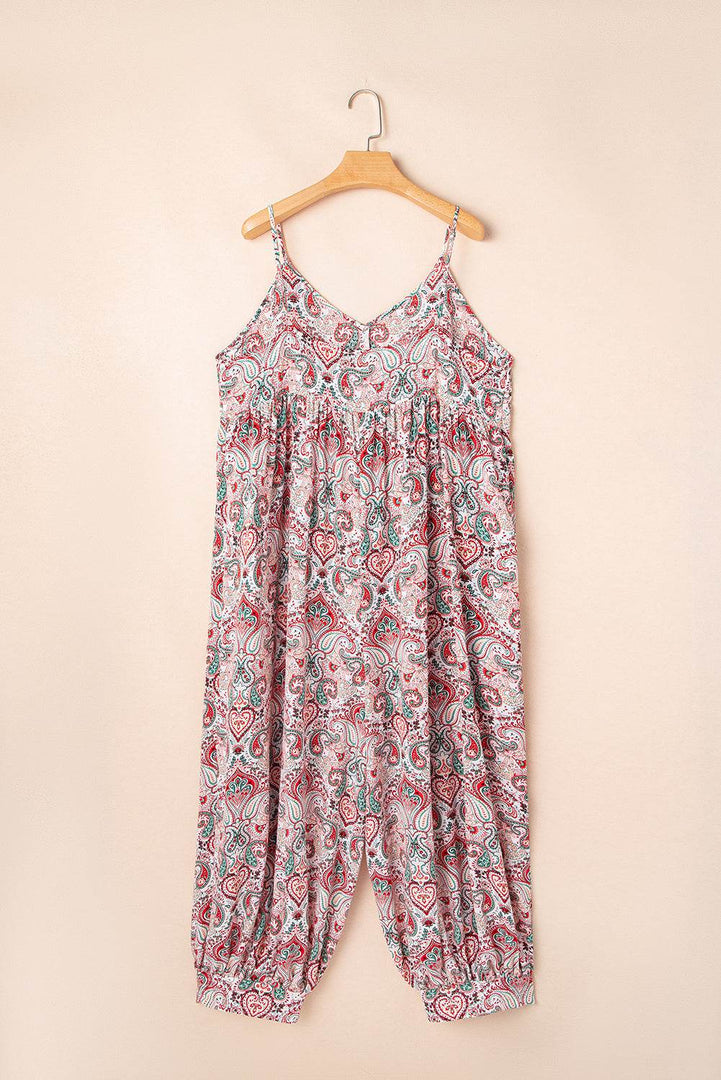 Multicolour Plus Size Paisley Print Sleeveless V Neck Jogger Jumpsuit - Fashion Queen -  13