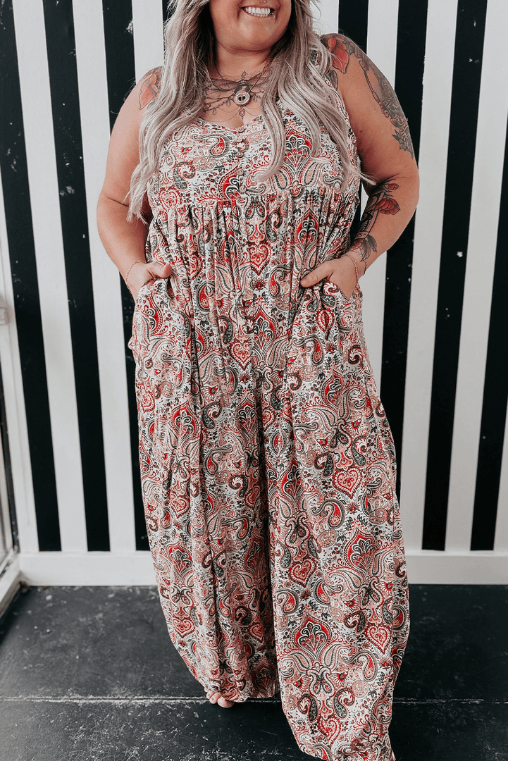 Multicolour Plus Size Paisley Print Sleeveless V Neck Jogger Jumpsuit - Fashion Queen -  8