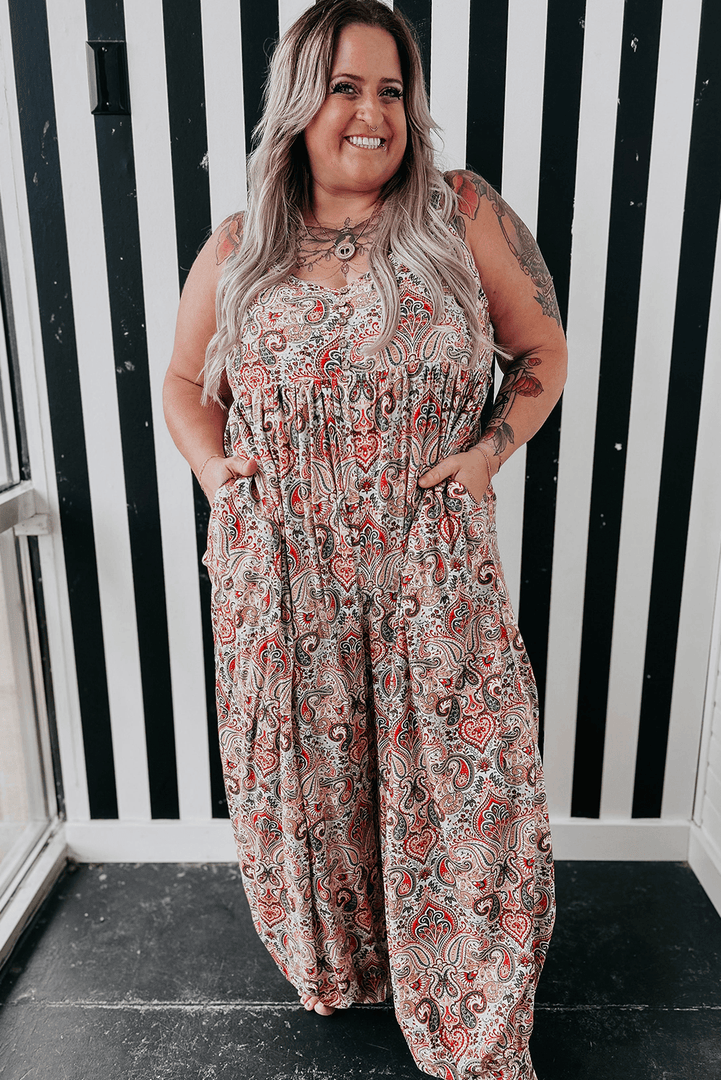 Multicolour Plus Size Paisley Print Sleeveless V Neck Jogger Jumpsuit - Fashion Queen -  9