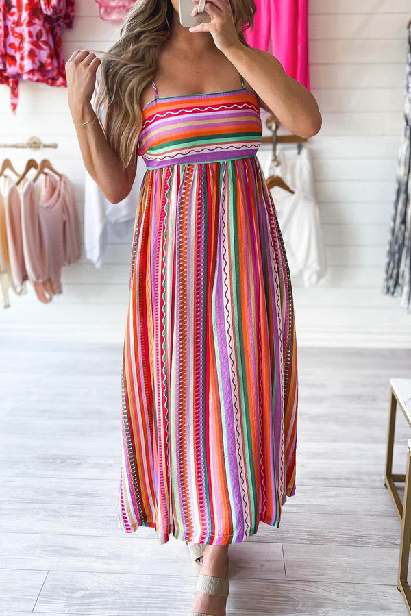 Multicolour Striped Thin Straps Smocked Back Boho Maxi Dress - Fashion Queen -  1