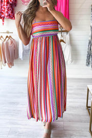 Multicolour Striped Thin Straps Smocked Back Boho Maxi Dress - Fashion Queen -  1