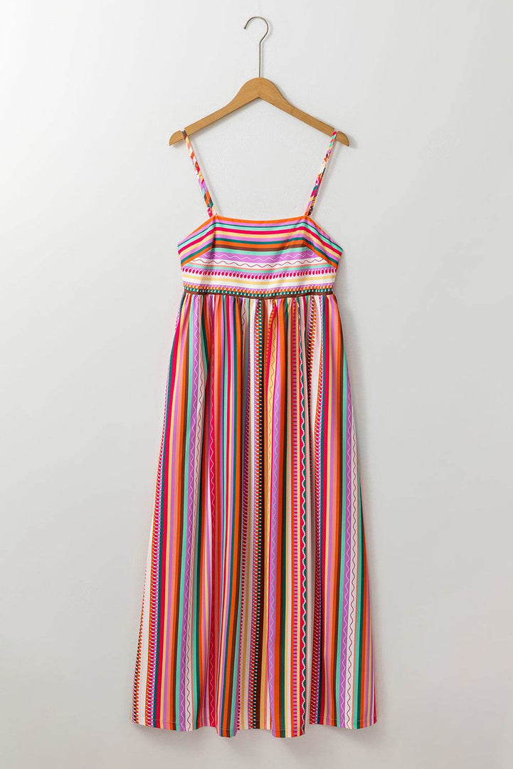 Multicolour Striped Thin Straps Smocked Back Boho Maxi Dress - Fashion Queen -  10