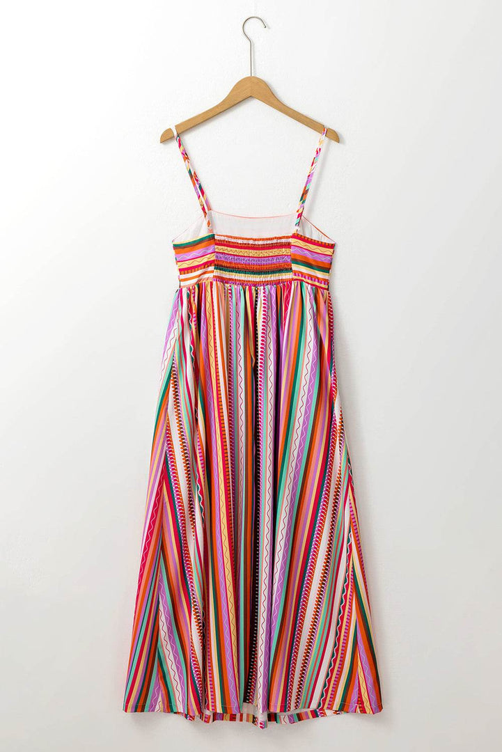 Multicolour Striped Thin Straps Smocked Back Boho Maxi Dress - Fashion Queen -  11