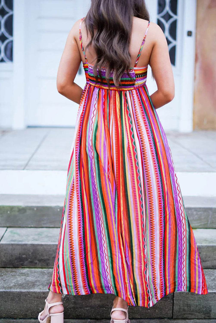 Multicolour Striped Thin Straps Smocked Back Boho Maxi Dress - Fashion Queen -  2