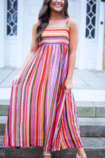 Load image into Gallery viewer, Multicolour Striped Thin Straps Smocked Back Boho Maxi Dress - Fashion Queen -  4
