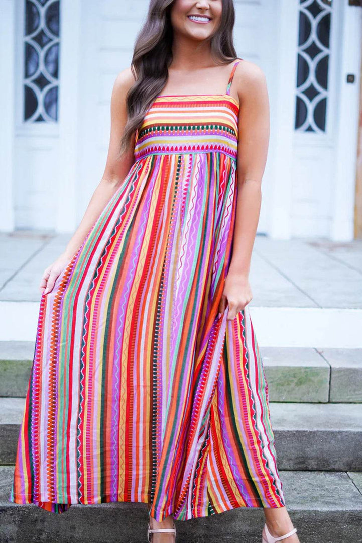 Multicolour Striped Thin Straps Smocked Back Boho Maxi Dress - Fashion Queen -  4