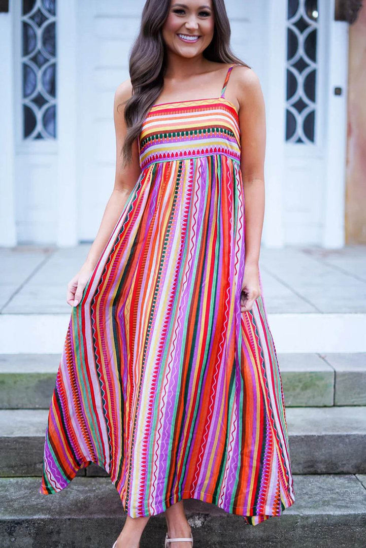 Multicolour Striped Thin Straps Smocked Back Boho Maxi Dress - Fashion Queen -  5