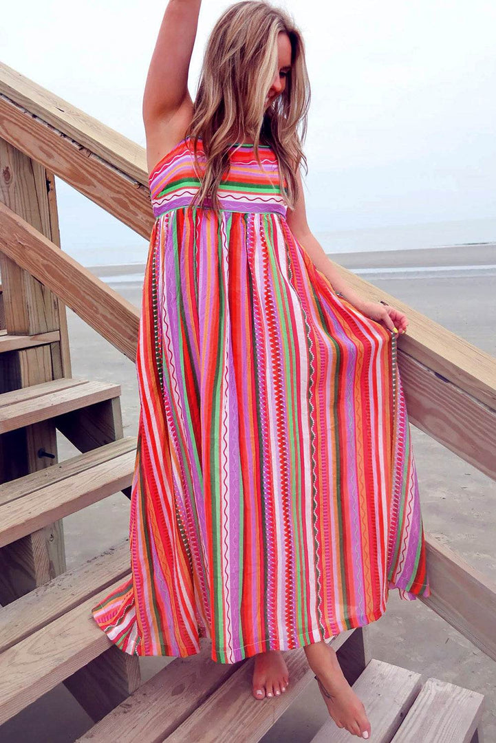 Multicolour Striped Thin Straps Smocked Back Boho Maxi Dress - Fashion Queen -  6
