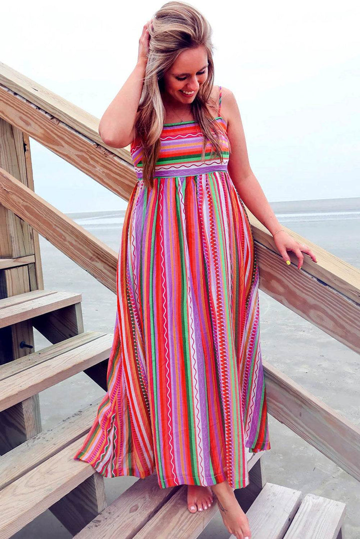 Multicolour Striped Thin Straps Smocked Back Boho Maxi Dress - Fashion Queen -  7