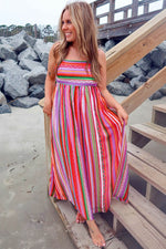 Load image into Gallery viewer, Multicolour Striped Thin Straps Smocked Back Boho Maxi Dress - Fashion Queen -  8
