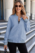 Load image into Gallery viewer, Myosotis Solid Textured Stand Neck Zipper Bomber Jacket - Fashion Queen -  1
