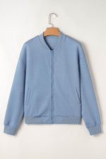 Load image into Gallery viewer, Myosotis Solid Textured Stand Neck Zipper Bomber Jacket - Fashion Queen -  10
