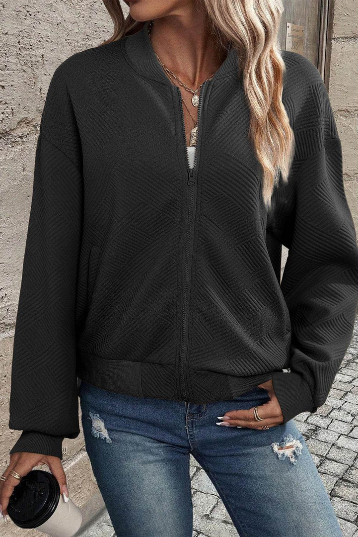 Myosotis Solid Textured Stand Neck Zipper Bomber Jacket - Fashion Queen -  20
